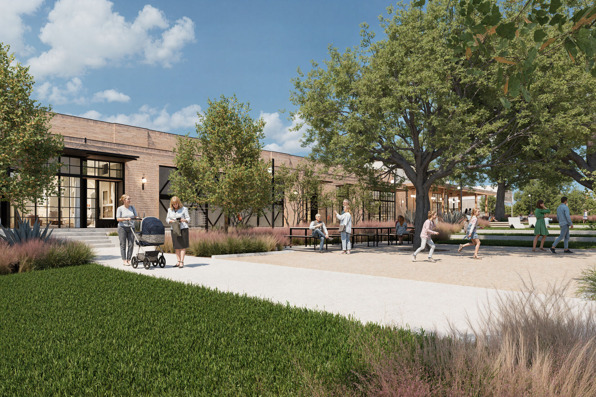 Brick retail row with plaza